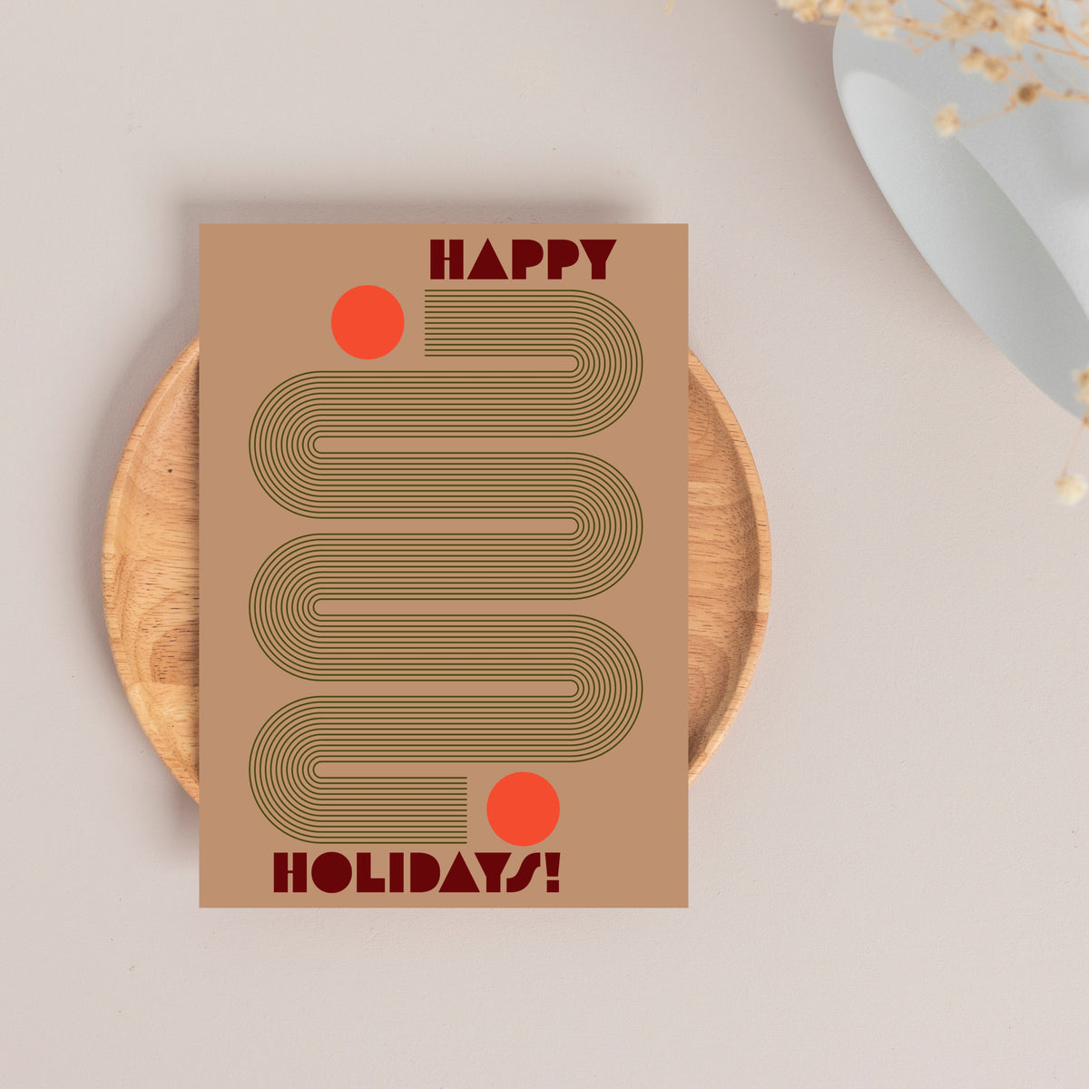 Portrait-format holiday cards with full-bleed solid backgrounds and concentric thin-line geometric shapes, no outlines or sha