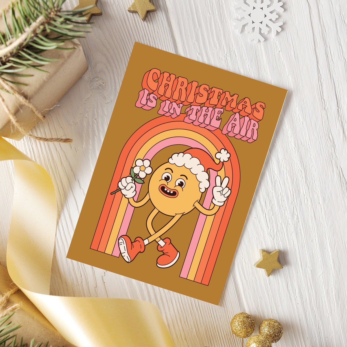Holiday card set with retro cartoon characters making peace signs, wearing Santa hats, and holding candy canes.