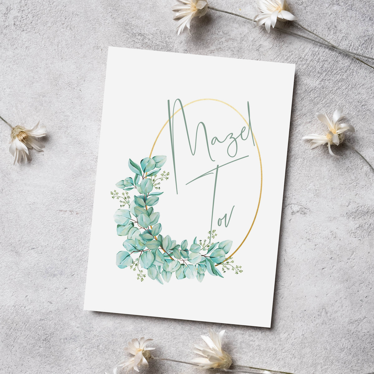 Mazel Tov cards with mixed typography including script, bold sans-serif, and all-caps serif.