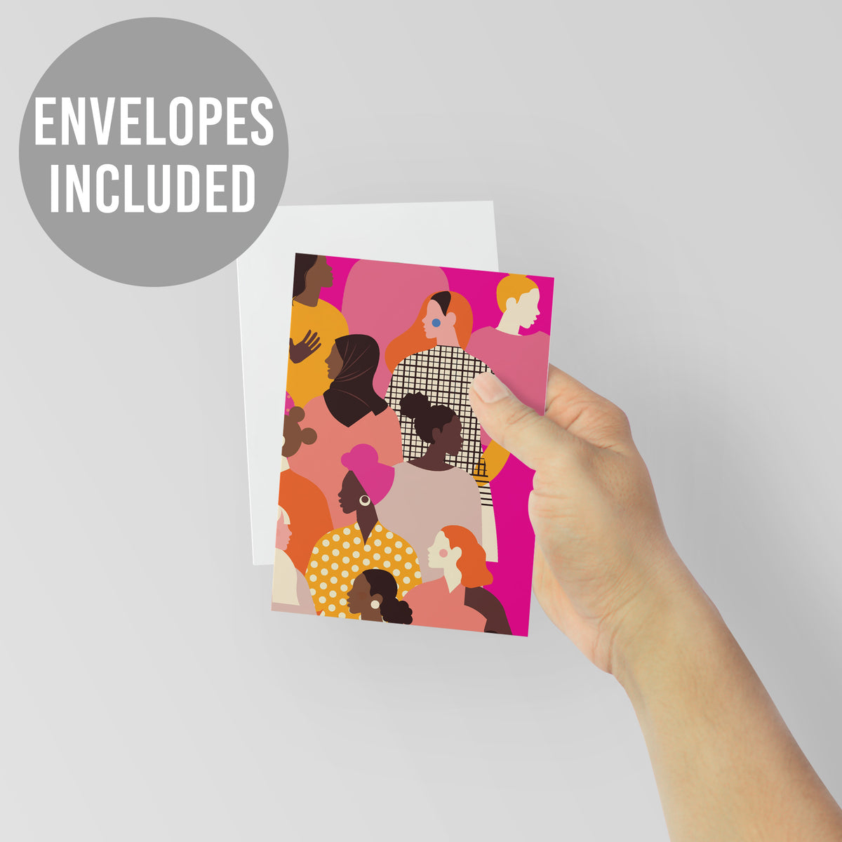 Set of 24 portrait-orientation cards with a flat vector crowd scene of women in varied clothing and jewelry.