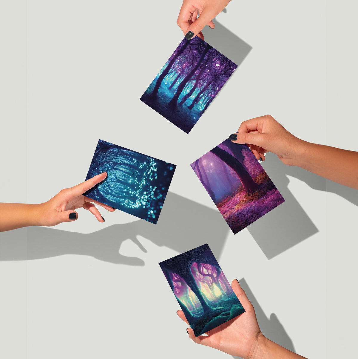 Dark-field digital illustration cards depicting forest scenes with teal, violet, magenta, and gold accents.