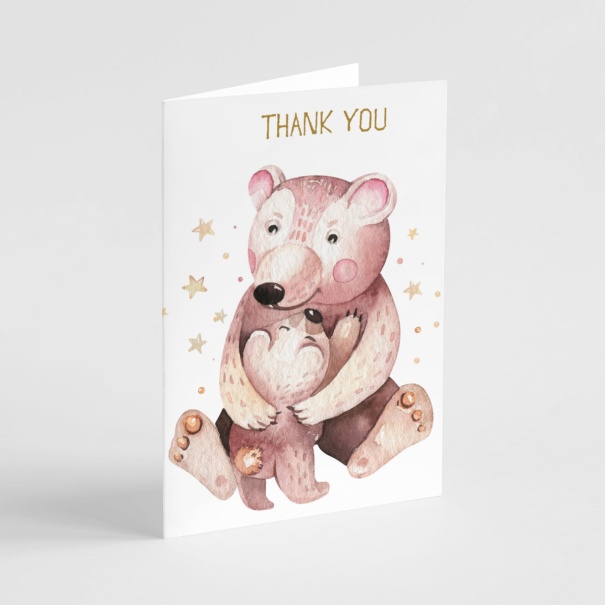 Watercolor-style thank you cards featuring woodland animal pairs with gold typography, set of 24.