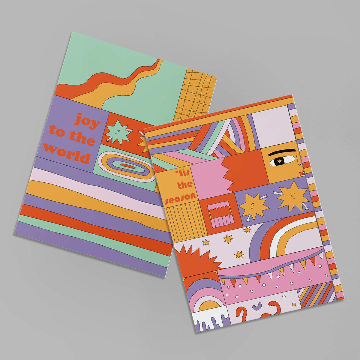 Four-design holiday card set with recurring motifs including moons, candles, plaid panels, and smiling starburst shapes.