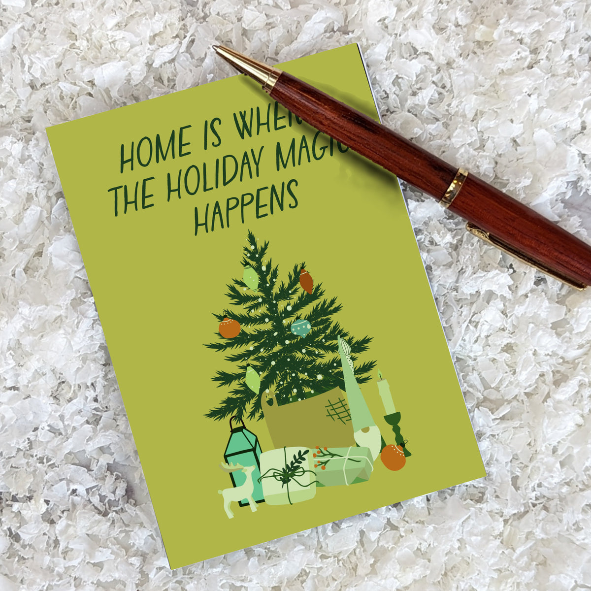 Christmas cards in portrait format, solid green backgrounds, each with a flat illustrated scene and a new home message.