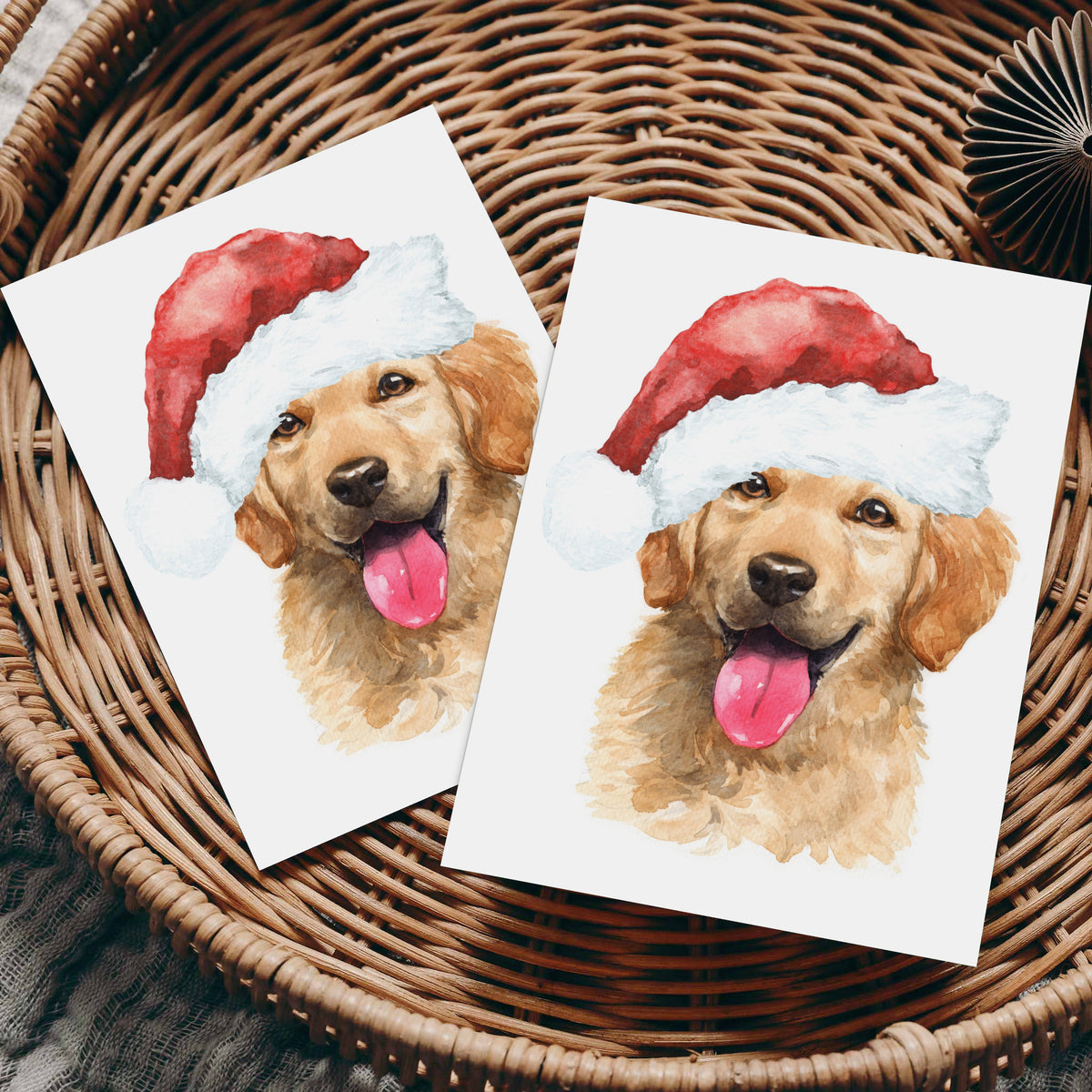Watercolor golden retriever Christmas card, honey and amber coat, crimson hat with white cuff and pompom, no text.