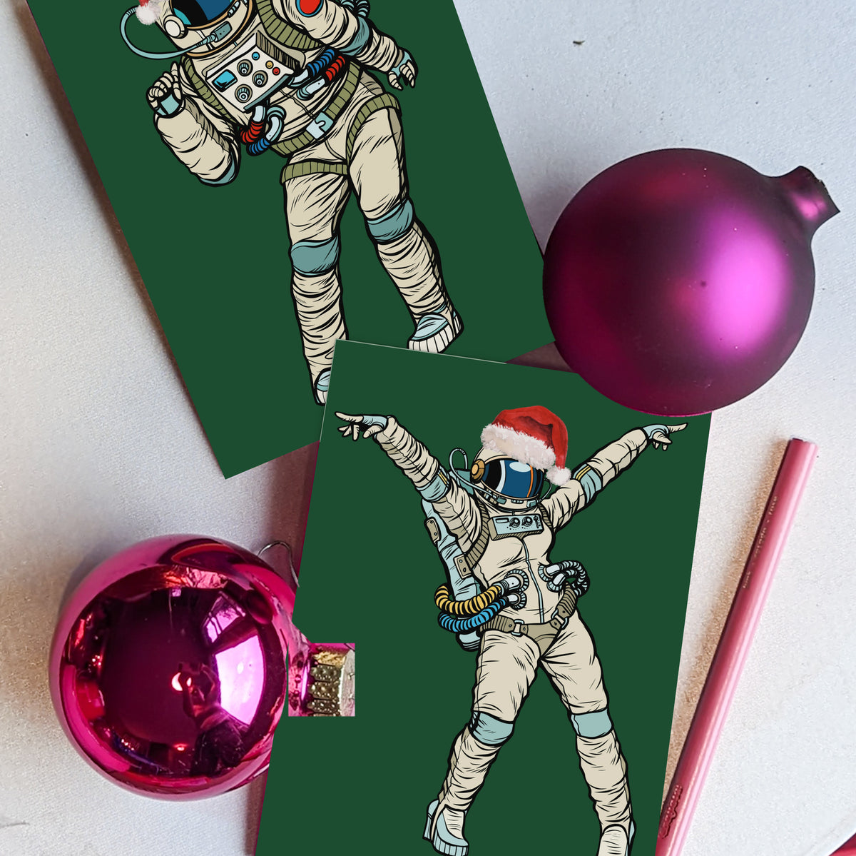 Illustrated astronaut in red Santa hat with arms spread wide, dark green holiday card design.