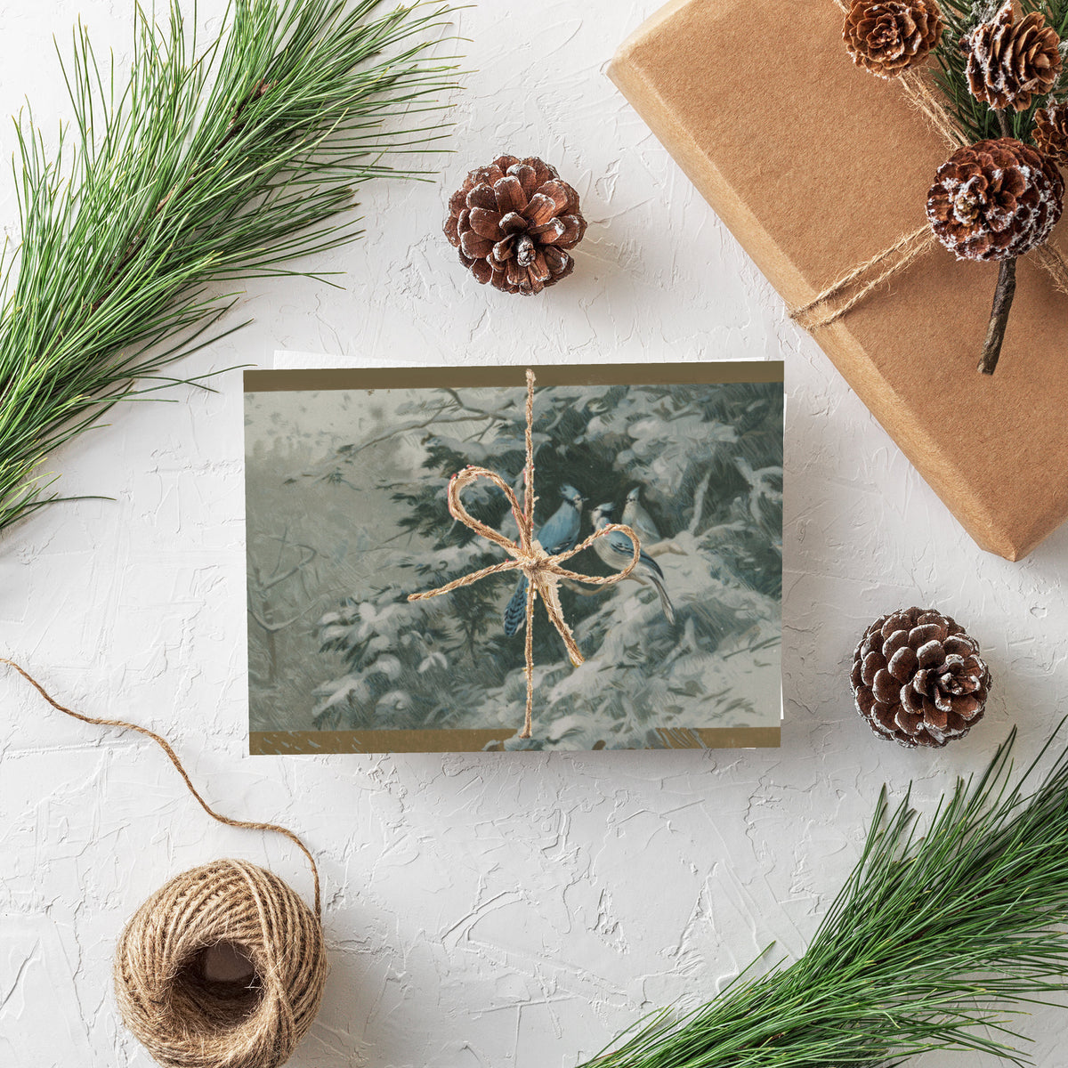 Set of 24 landscape-format cards in soft gray-green palette with detailed winter wildlife illustration.