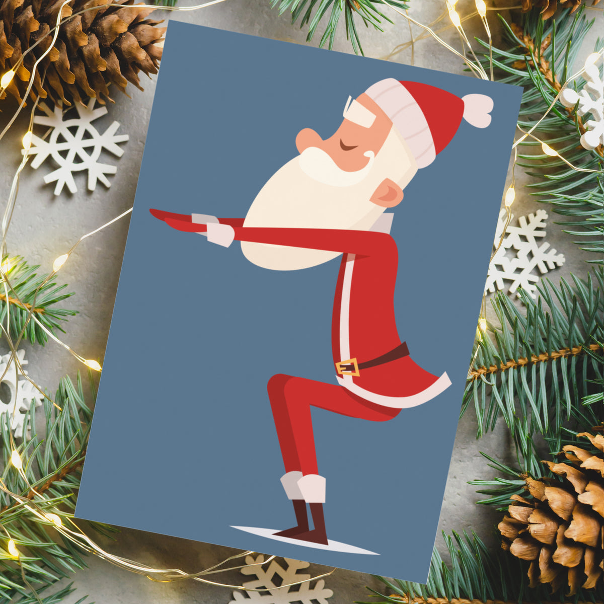 Holiday card set of 24 featuring the same Santa character in different yoga poses, each on a solid background.