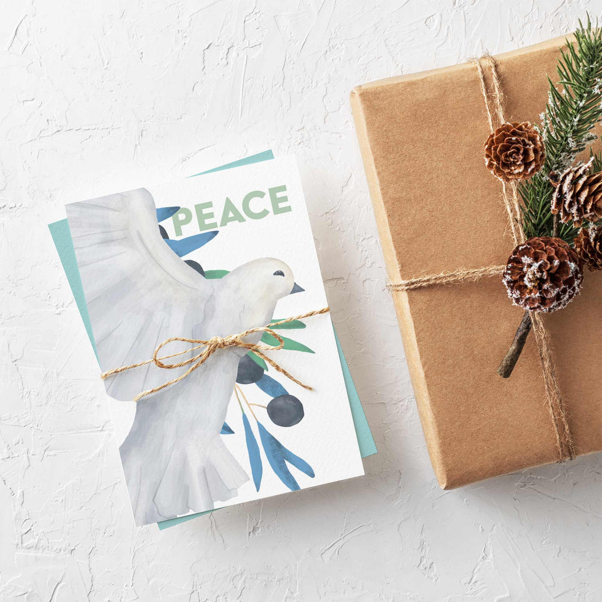 Six-design holiday card assortment with doves, dark navy olives, red berries, and green foliage.