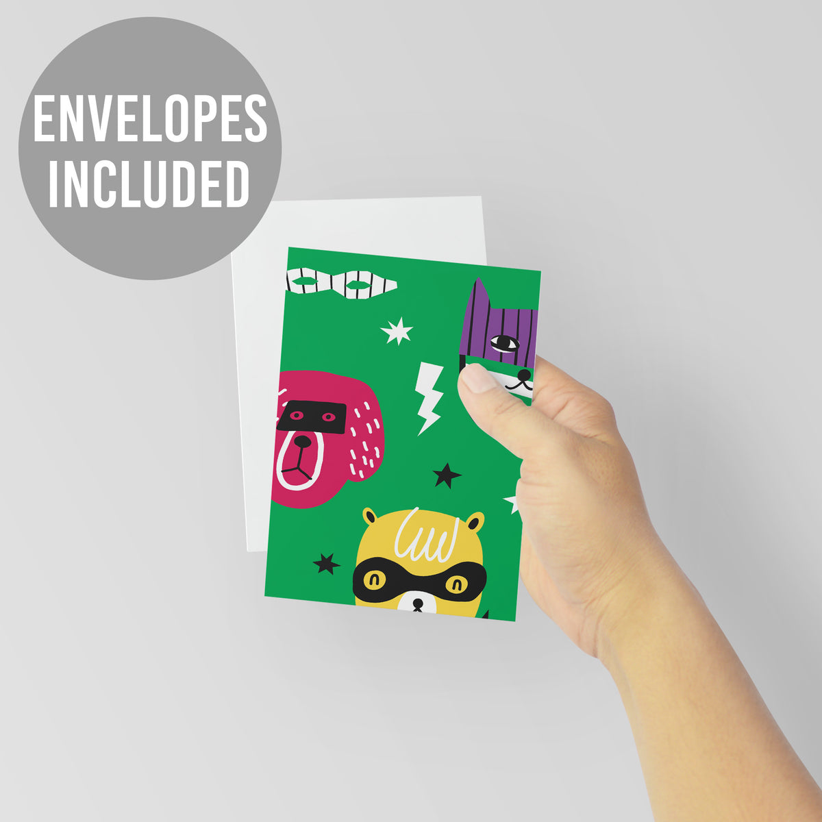 Kids' card set featuring whimsical animal characters in superhero costumes rendered in a bold cartoon style.