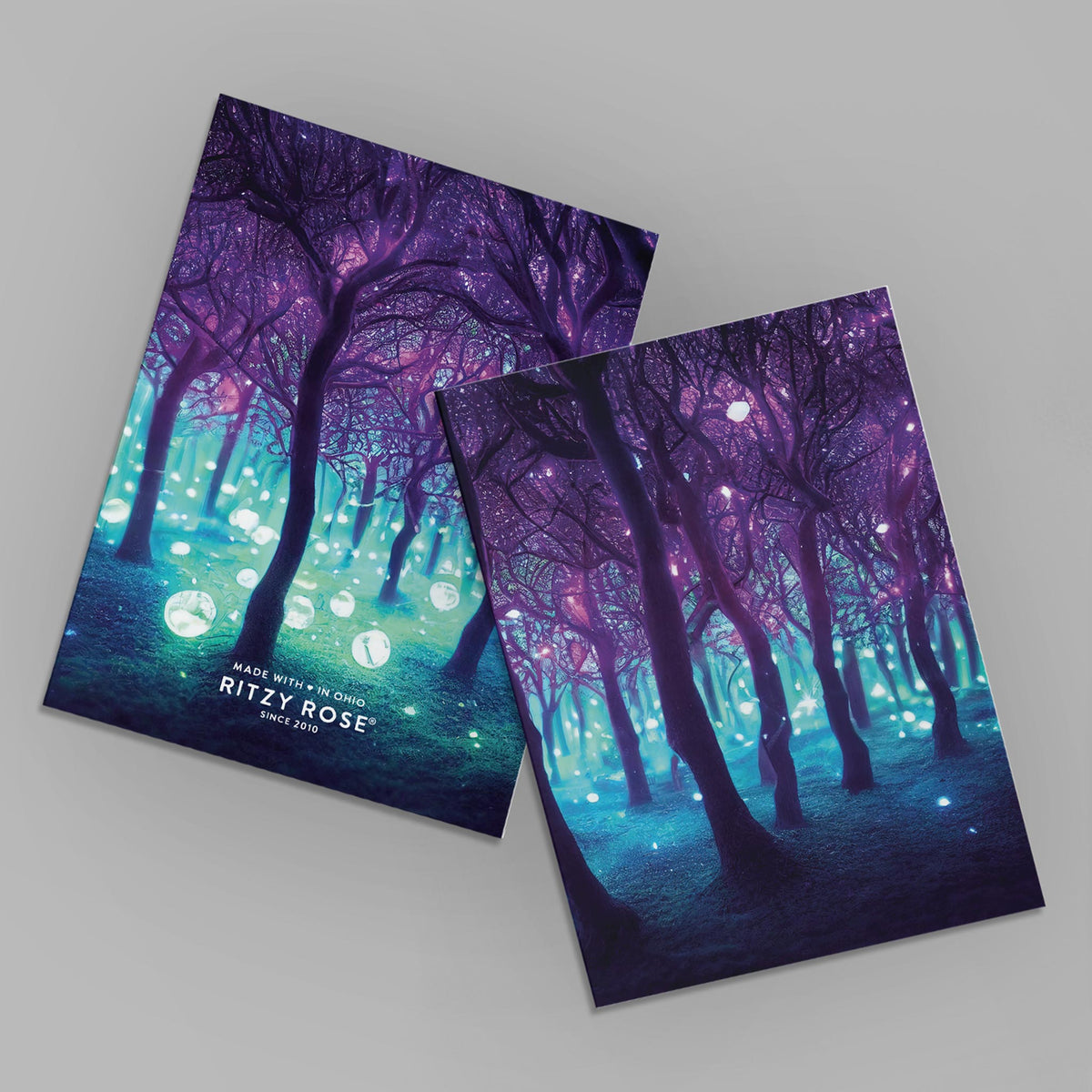 Card set of 24 featuring six enchanted forest illustrations with vanishing-point and focal-light compositions.