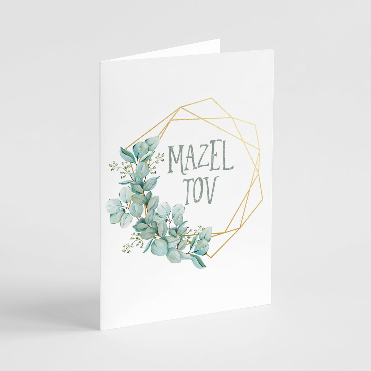 Set of 24 Mazel Tov cards with minimalist white backgrounds, muted gold line frames, and floral accents.