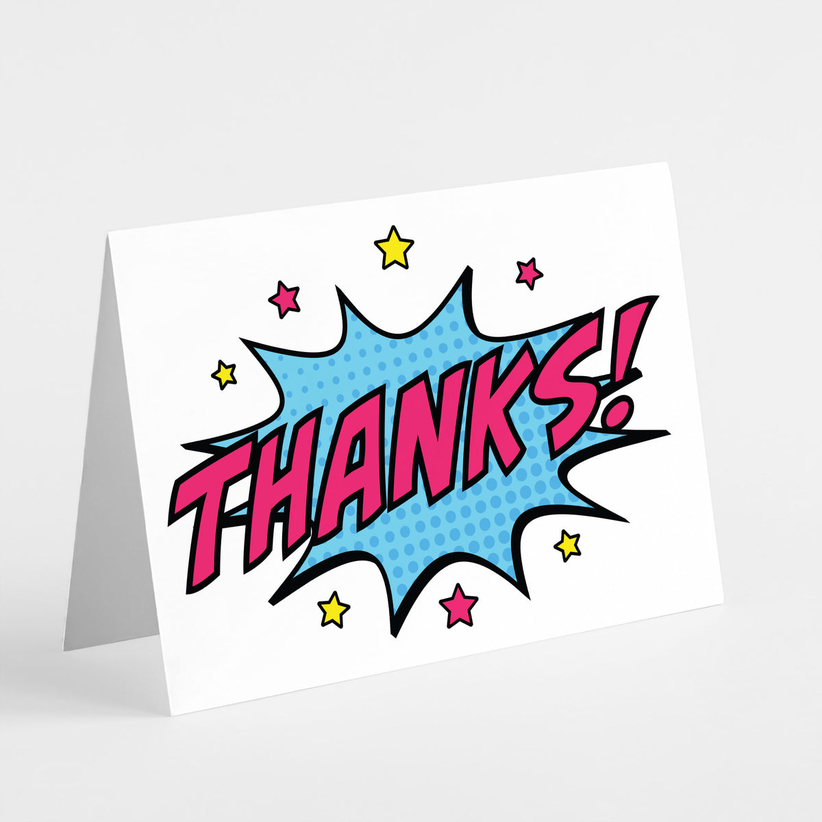 Four-design card set with green, yellow-orange, blue, and hot pink graphic shapes and high-contrast pop-art styling.
