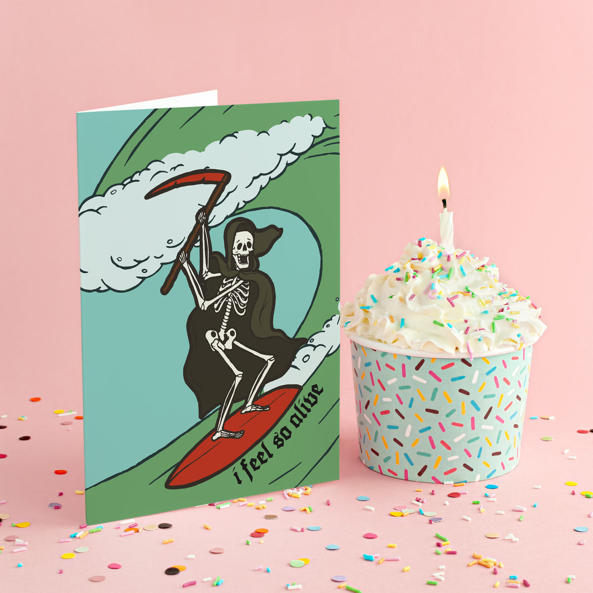 Cartoon cloaked skeleton holding a scythe on a red surfboard, featured on a 24-card set.