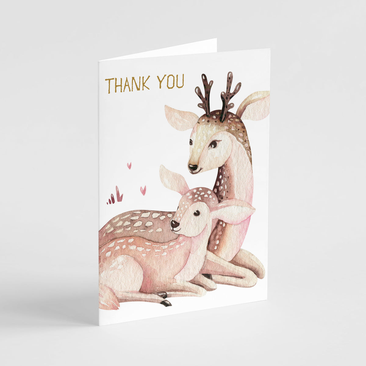Four-design thank you card set with owl, deer, hedgehog, and bear illustrations in soft neutral palette.