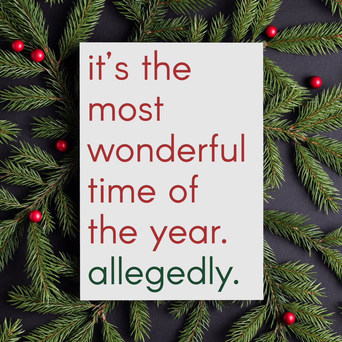 Full-bleed white cardstock with six stacked lowercase lines in red and dark green sans-serif lettering.