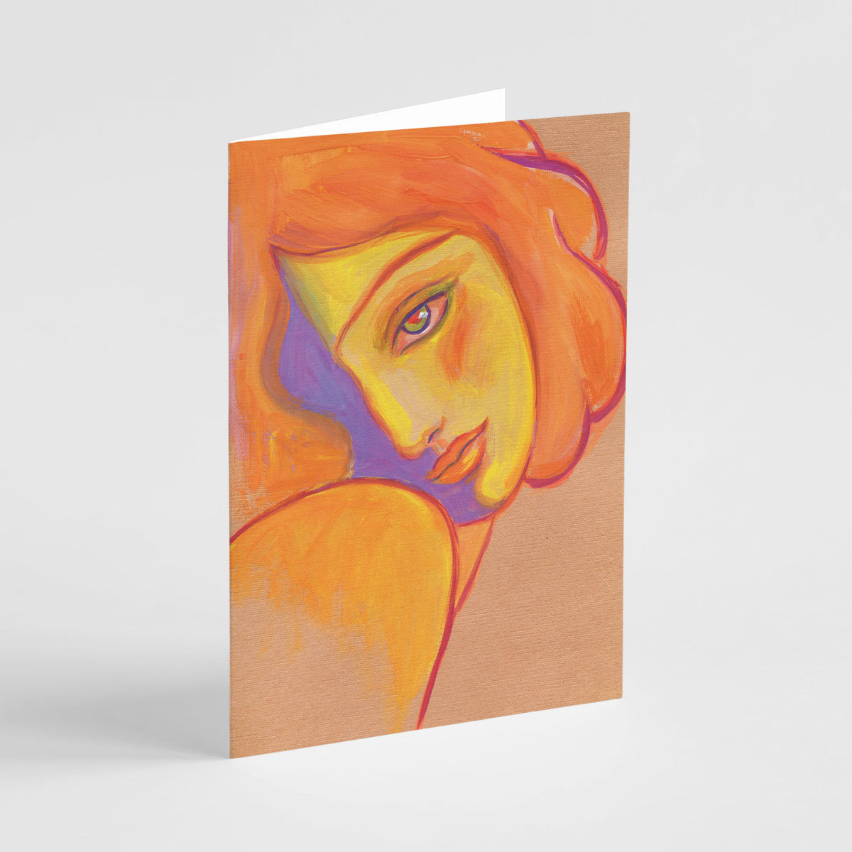 Abstract art card set with four designs featuring stylized faces and figures in warm and jewel-toned colors.