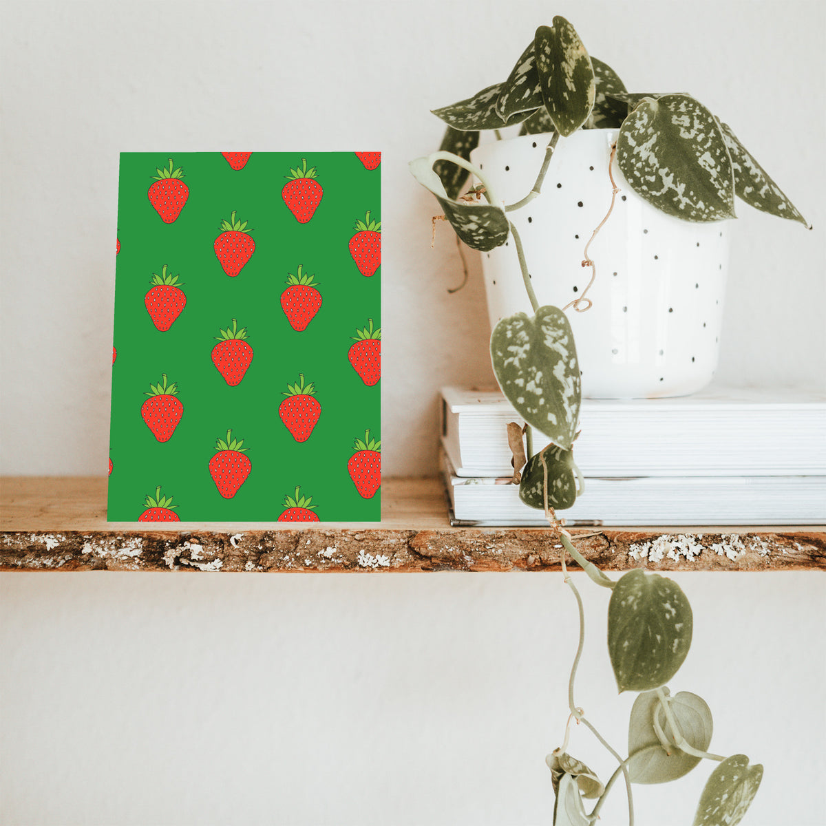 Blank card set of 24 with all-over strawberry illustration on multicolor backgrounds.