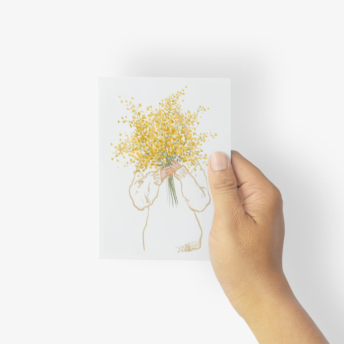Botanical card set of 24 featuring a simple hand-drawn person carrying a yellow floral bouquet.
