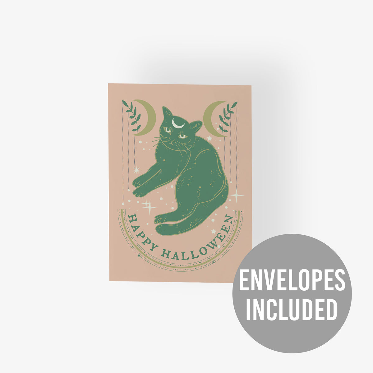 Illustrated Halloween card set with a whimsical green cat and arched text at the card's bottom.