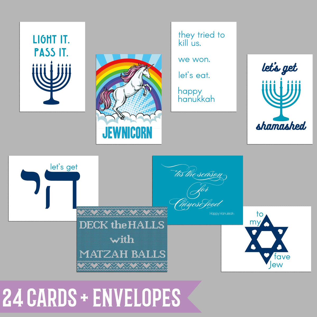 Funny Hanukkah Greeting Cards, Set of 24
