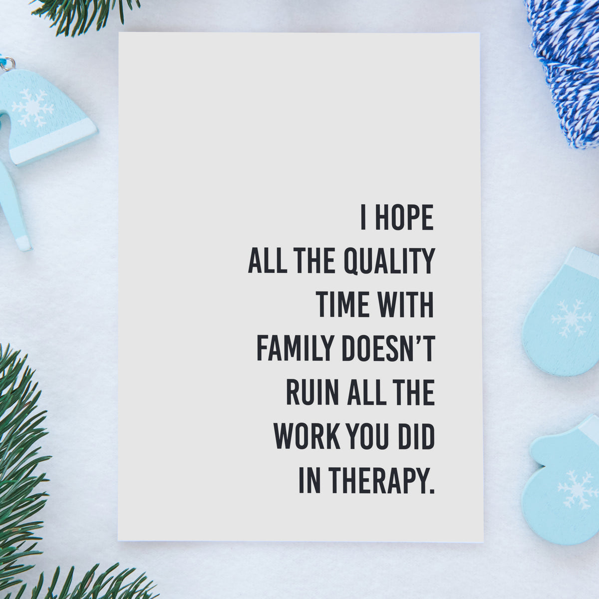 Snarky Christmas greeting cards, set of 24, bold black capital text right-aligned on white background.