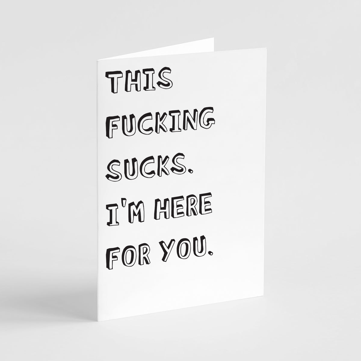 Boxed card set with four phrases: "THIS FUCKING SUCKS. I'M HERE FOR YOU.," "WELL, SHIT.," "OH FUCK.," and "THERE REALLY SHOUL