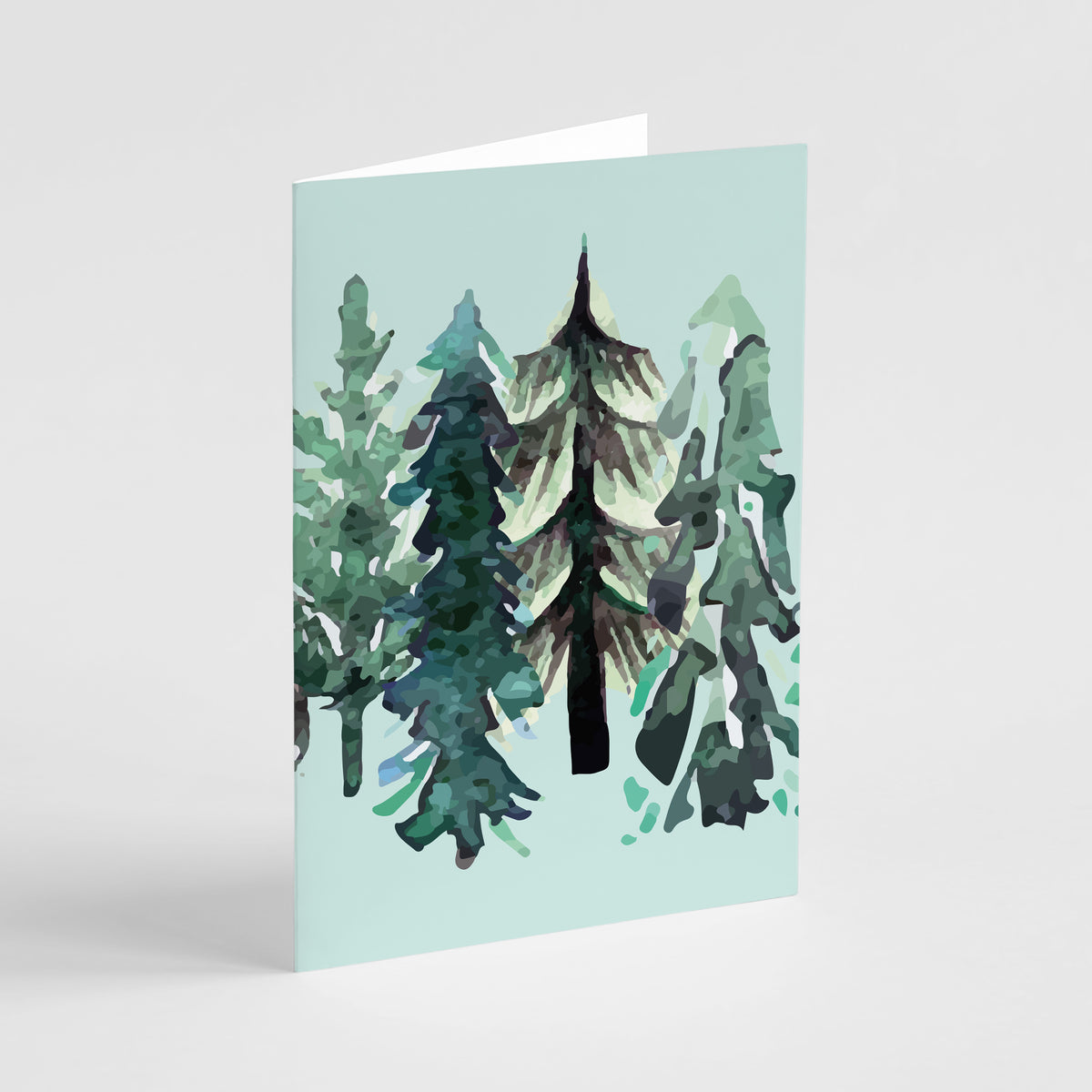 Christmas card set with abstract trees on backgrounds ranging from dark green and maroon to pale mint.