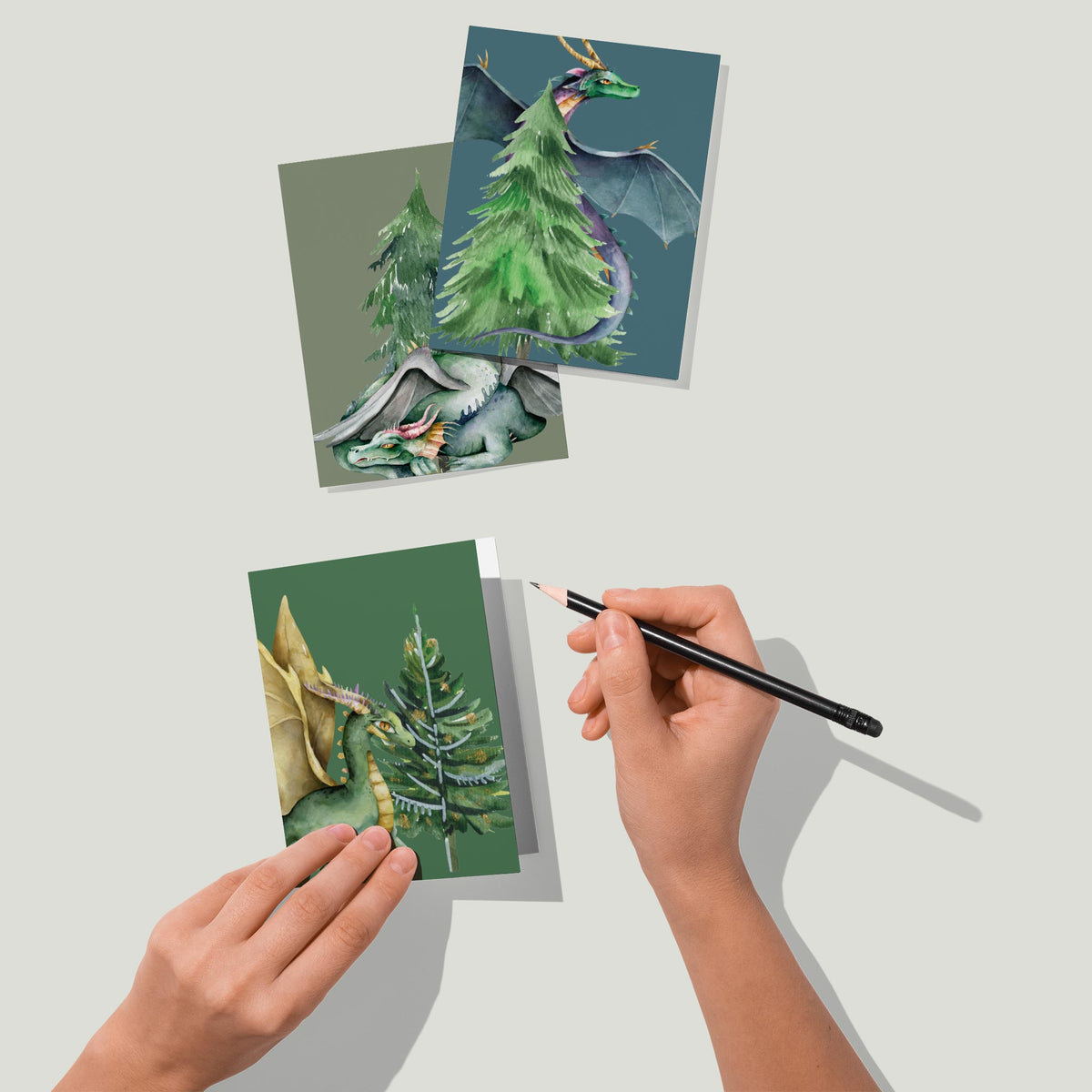 Whimsical Dragon Christmas Tree Greeting Cards, Set of 24