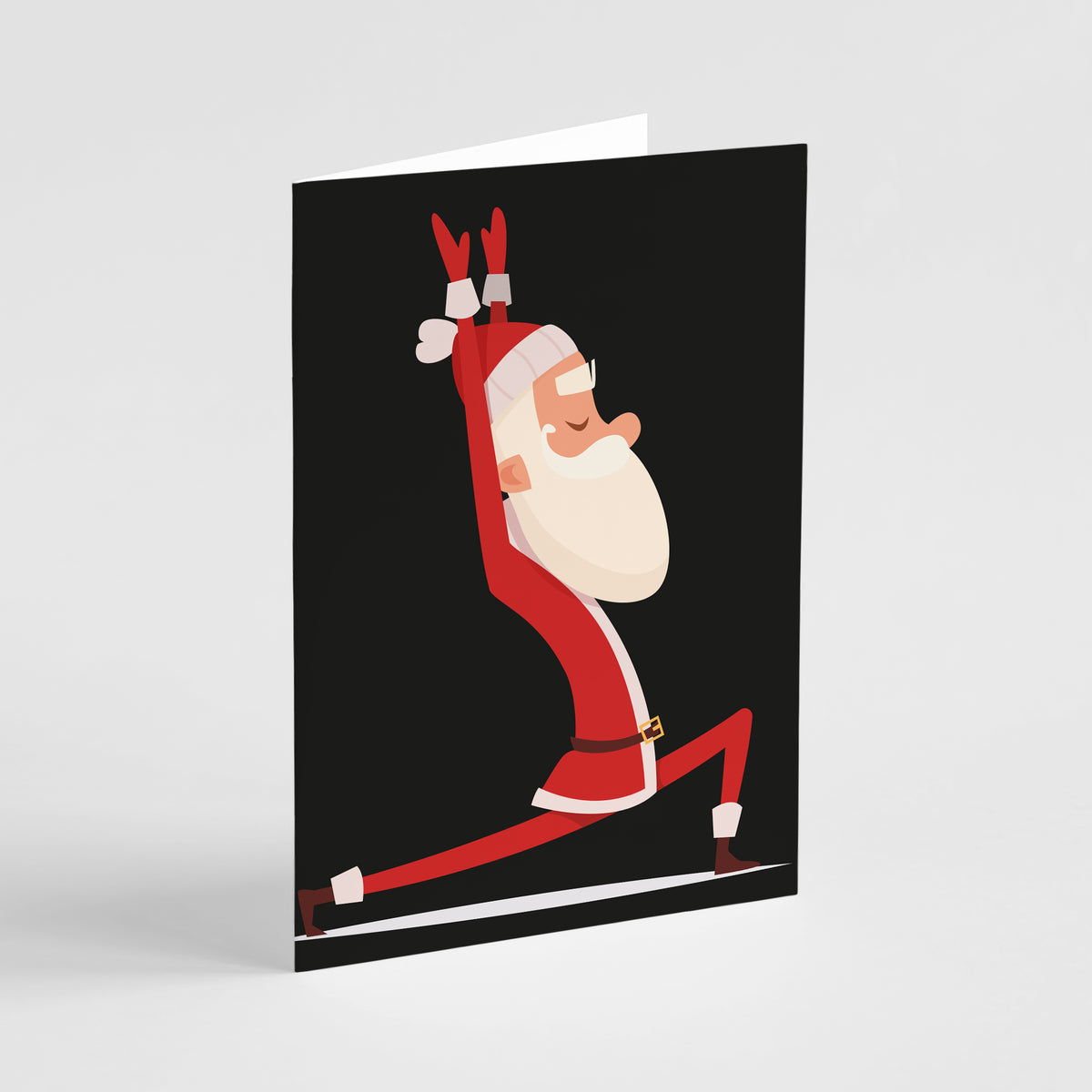 Santa yoga card set with designs on black, burgundy, teal, tan, slate blue, and gray solid backgrounds.