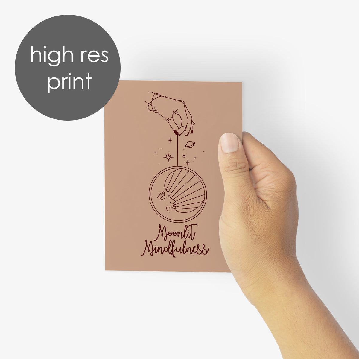 Card Christmas notecard set with four rotating mystical designs in blush, cream, tan, and beige with dark brown line art.