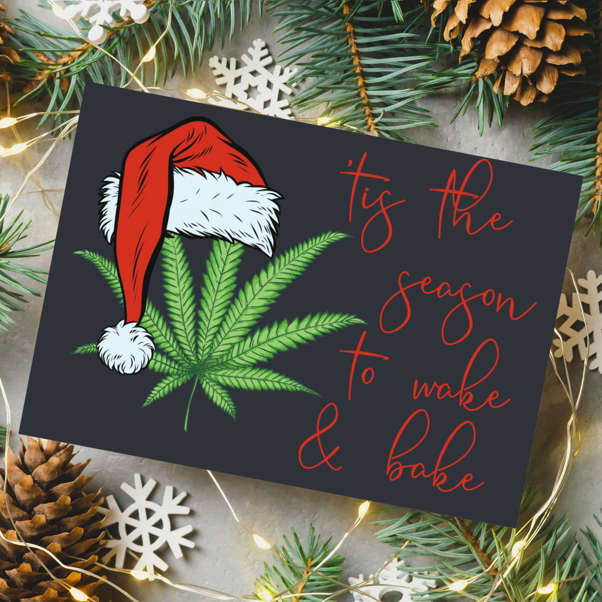 Blank-inside folded cards with script and bold lettering on red, green, black, and white backgrounds.