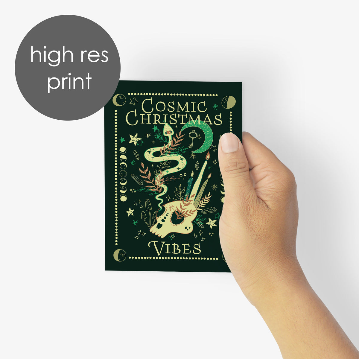 Forest green holiday cards with gothic and script lettering reading Witchy Wishes, Holiday Vibes, and Cosmic Christmas Vibes.