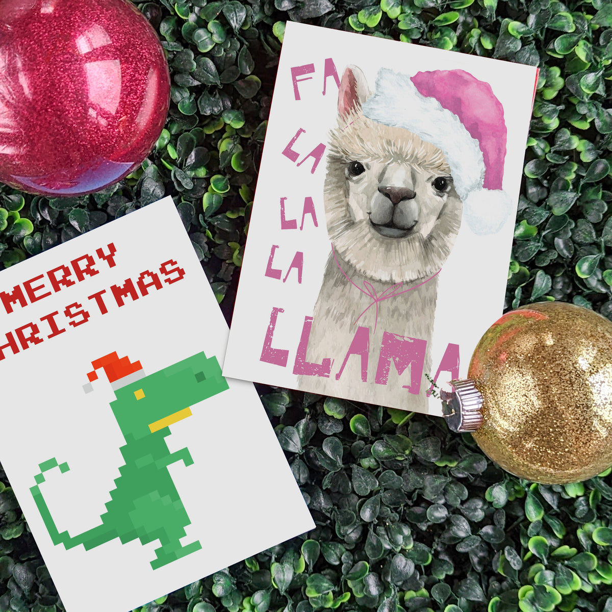 Kids' Christmas card pack with portrait-orientation, full-bleed designs on red, turquoise, slate blue, dark green, mauve, and