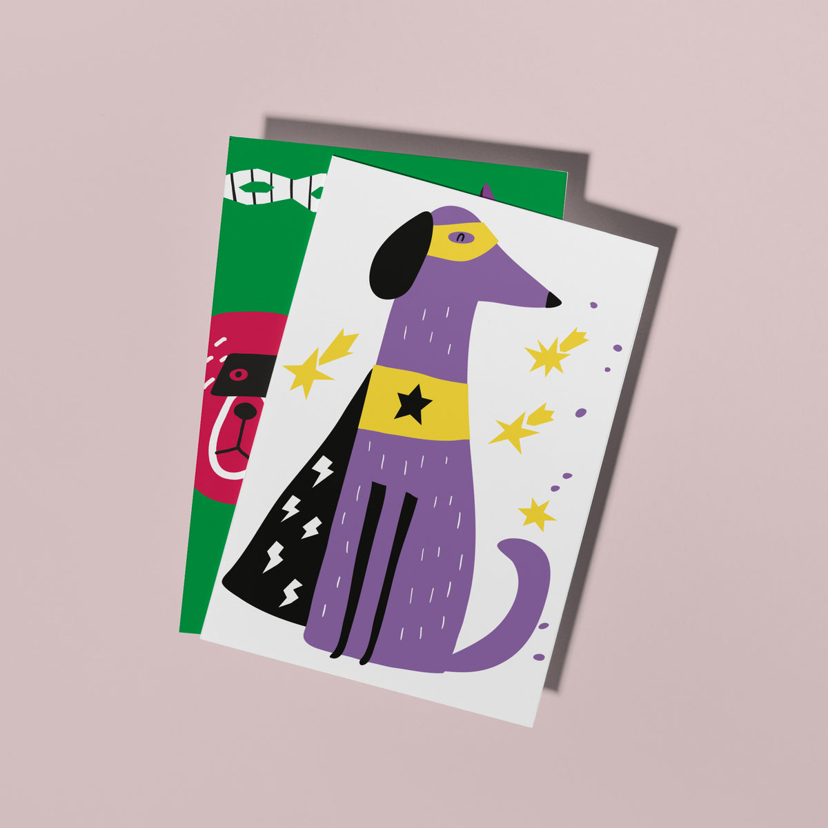 24-piece card set with playful illustrated animals in superhero attire; two alternating designs, no on-card text.