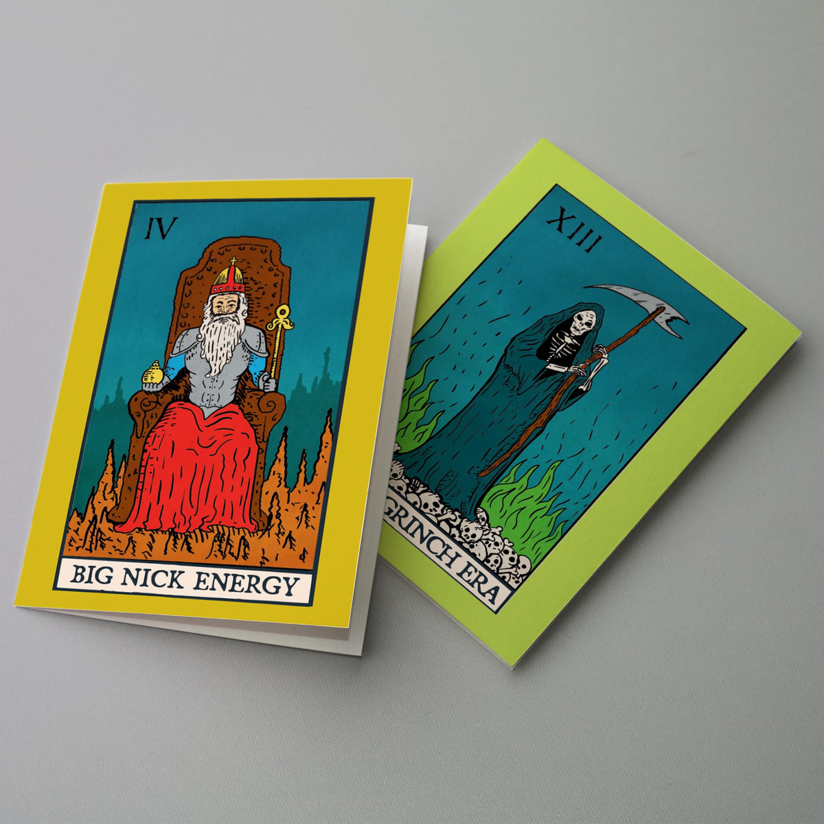 Tarot-card-style holiday set with six designs referencing classic major arcana imagery and Christmas-themed phrases.