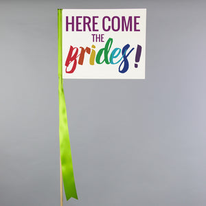Here Come the Brides Lesbian Wedding Rainbow Flag