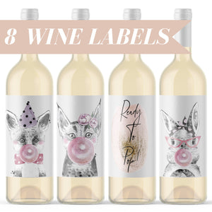 Ready To Pop Baby Shower Wine Bottle Labels 8 Whimsical Baby Animal Wine Stickers for Shower Gift or Decor Woodland Creature Pink Gold 9237
