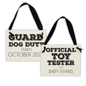 Set of 2 Dog Pregnancy Announcement Signs "Official Toy Tester" + "Guard Dog Duty"