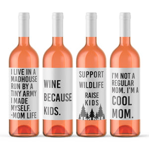 Funny Mom Life Wine Bottle Labels | Support Wildlife - 4 Pack