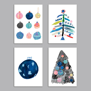 24 Artistic Colorful Boho Christmas Cards in 4 Colorful Illustrations w/ Envelopes