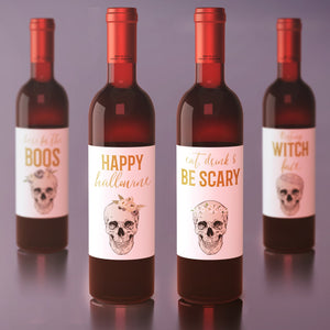 Halloween Wine Labels Happy Hallowine - 4 Funny Halloween Party Decor Here For Boos Pretty Skulls Resting Witch Face Wine Bottle Labels 9270
