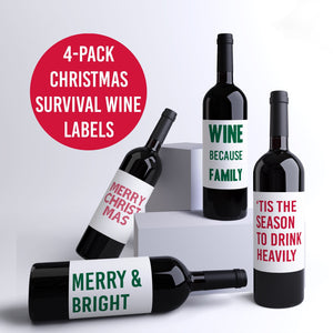 Funny Christmas Survival Wine Labels - 4 Pack