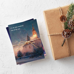 24 Snowy Church Scene Christmas Cards in 4 Glowing Traditional Designs with Envelopes