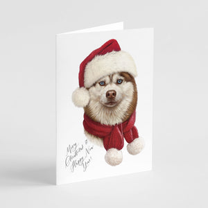 24 Husky Dog Merry Christmas Cards with Santa Hat + Envelopes