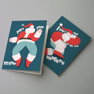 24 Don't Stop Believing in Santa Dancing Christmas Cards in 2 Modern Illustrations + Envelopes