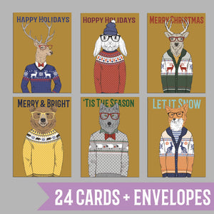Funny Animal Christmas Cards - 24 Pack