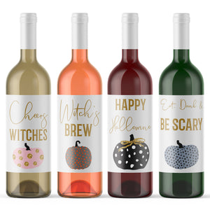Halloween Wine Labels Happy Hallowine - 4 Funny Halloween Party Decor Cheers Witches Brew Eat Drink Be Scary Wine Bottle Labels Decor 9269