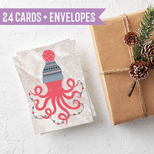 Coral Pink Nautical Christmas Cards - 24 Pack