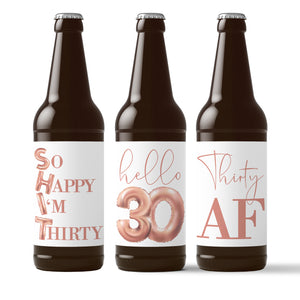 30th Birthday Rose Gold Balloons Beer Labels - 6 Pack